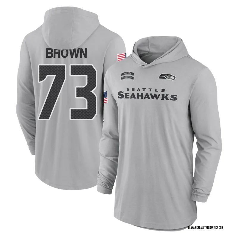Men's Logan Brown Seattle Seahawks Gray 2024 Salute to Service Lightweight Performance Long Sleeve Hooded T-Shirt